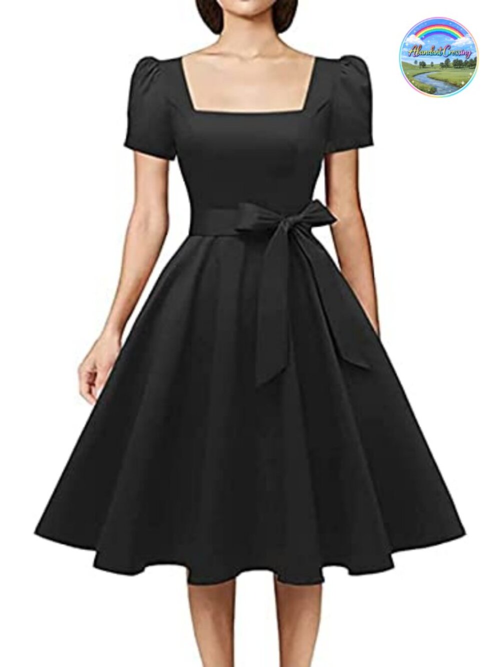 OBBUE Square Neck A-Line Cocktail Dress Ruffle Sleeves Pockets Belt